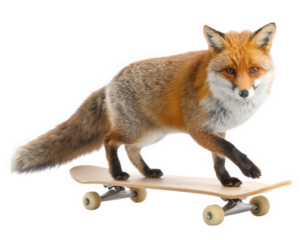 Fox standing on skateboard isolated on transparency background playful and curious expression animal action creative concept furry mammal unique pet fun and energetic vibe