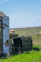 Defensive trenches constructed by Russians from wooden crates served as fortified positions during...