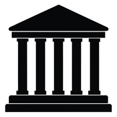 Classic building with columns icon, representing a courthouse, bank, or government institution. Vector symbol of law and finance.
