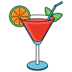 A vibrant, refreshing cocktail with a decorative garnish, in a clear glass on a clean white background, a festive drink.