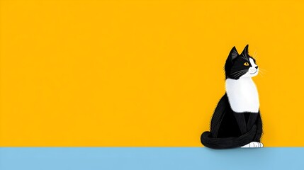 Tuxedo cat sitting, yellow background, minimal design, pet advertising