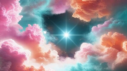 Opening view showing glowing central star pulsing in nebula with swirling clouds, sparkles - Powered by Adobe