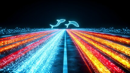 Neon fish leap over highway, night, light trails, digital art