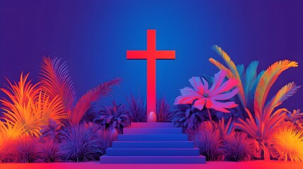 Neon Cross, Easter Egg, Tropical Steps, Night, Faith