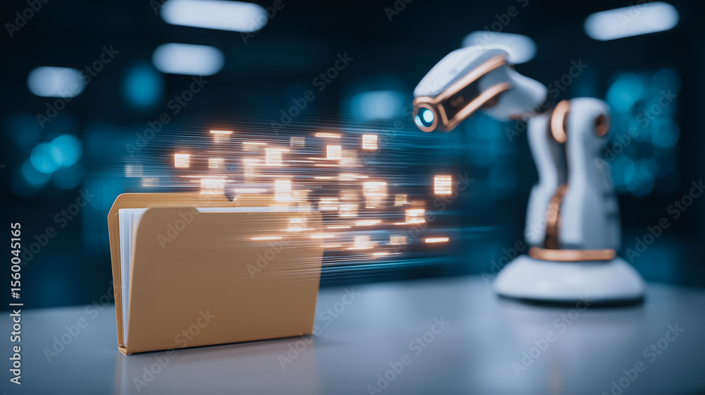 Poster data automation: a futuristic illustration depicting a robotic arm interacting with a file folder, s