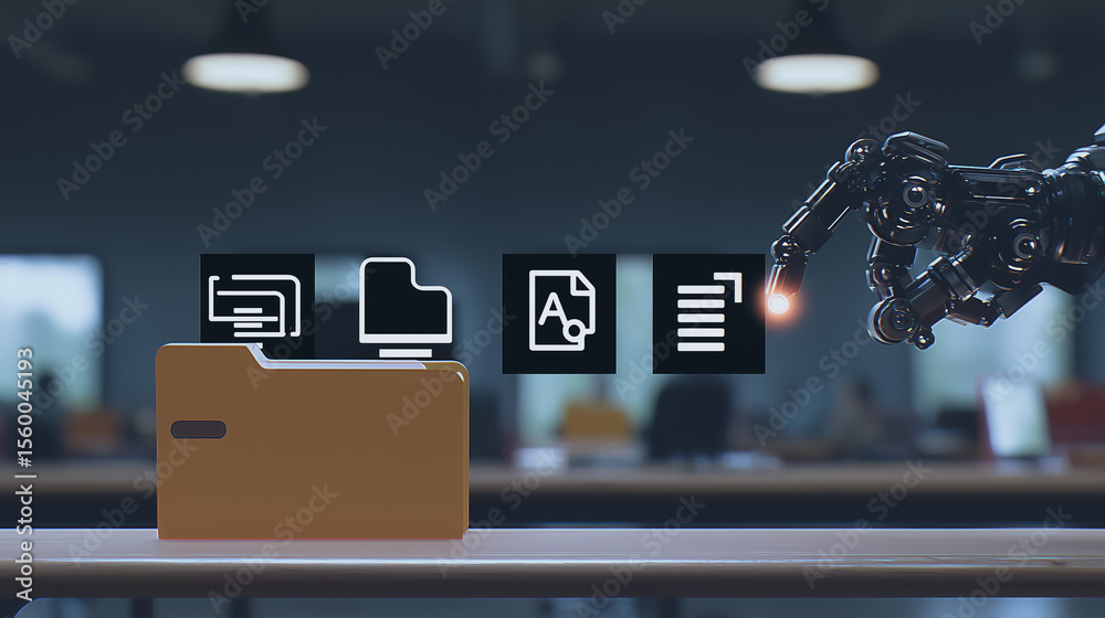 Poster digital integration: a robotic arm gracefully interacts with a digital file folder, symbolizing seam