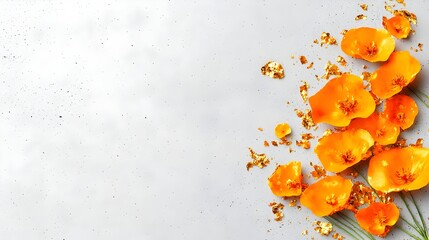 Orange flowers, gold leaf, grey background, banner