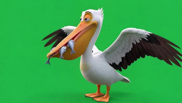 Cartoon pelican holding fish against green screen