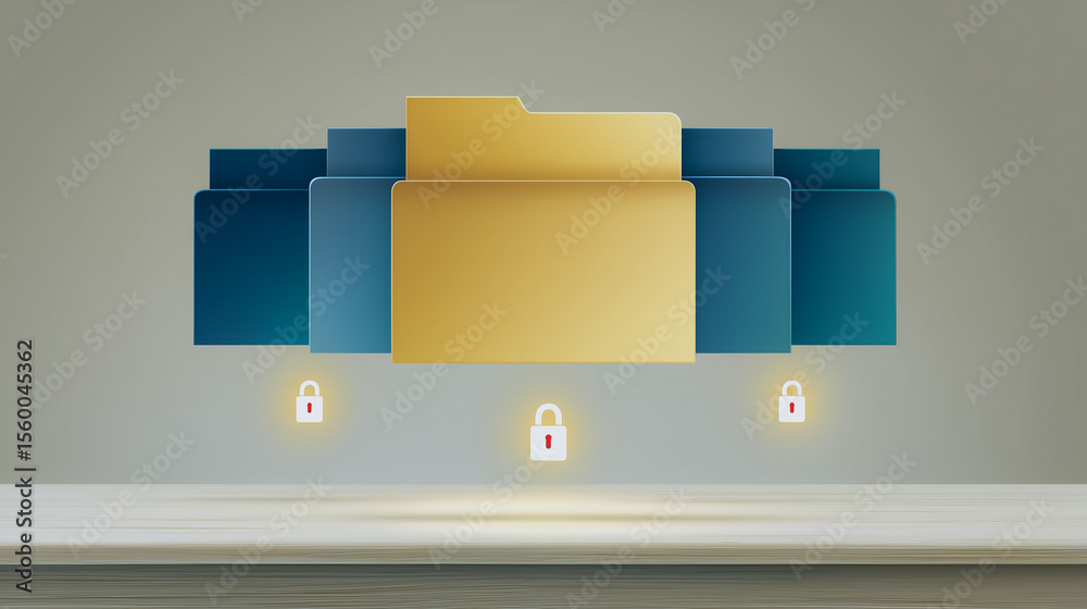 Poster secure data folders: digital data storage and protection concept, featuring a golden folder in the f