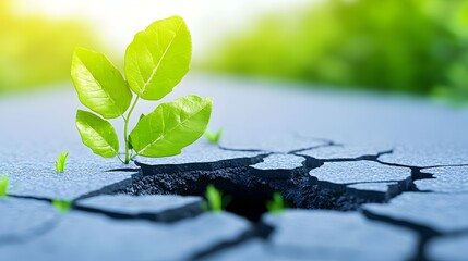 Plant sprouting through cracked asphalt, nature background, growth concept