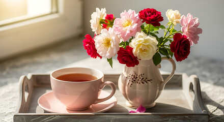 Soft morning light gently illuminates a delicate pink teacup and saucer, accompanied by a charming floral arrangement in a vintage pitcher, all elegantly presented on a rustic wooden tray.