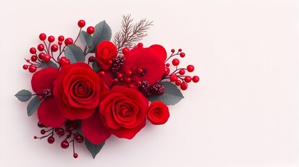 Red roses, berries, holiday arrangement, white background, greeting card