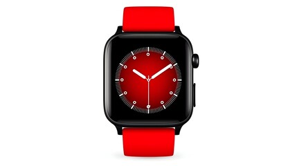 Red smartwatch, white background, time display, studio shot, technology