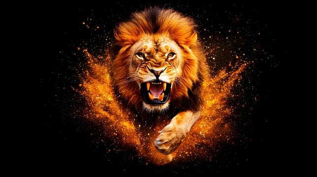 Roaring lion charging, fiery sparks, dark background, wildlife poster