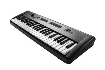 -key Bluetooth MIDI controller keyboard Front view and dramatic lighting and matte finish. Ready for presentations and creative projects. High resolution and print ready. Rendered with realistic text