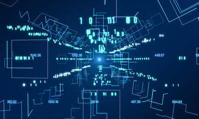 Obraz premium Futuristic moving shapes and wire frames, data, binary code and bits. Digital network, system, big data, computer technology. 3Dillustration