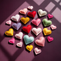 Fototapeta premium Colorful Felt Hearts in Flat Lay