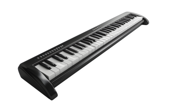 -key Bluetooth MIDI controller keyboard Floating composition and dark background and dramatic lighting. Perfect for e‑commerce listings and product catalogs. High resolution and print ready.