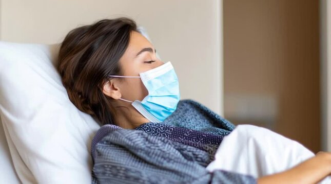 Woman in mask lying on hospital bed