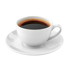 A white ceramic coffee cup filled with dark coffee on a saucer