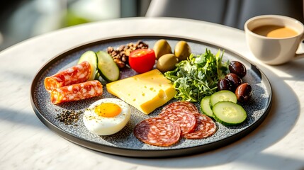 Sunny cafe breakfast plate eggs, cheese, salami, olives, salad, coffee