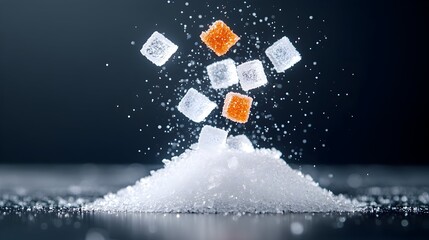 Sugar cubes, splashing, dark background, food photography, advertising