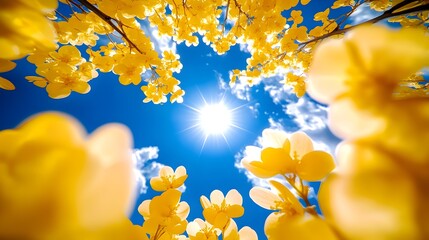 Sunny day, yellow flowers, upward view, blue sky, spring