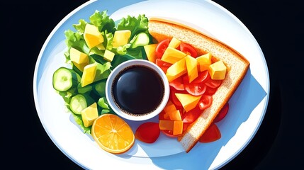 Sunny-day breakfast toast, salad, and soy sauce