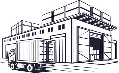 Delivery Truck Illustration Set Featuring Cargo Vehicles and Logistic Concepts in Clean Style. Hand Drawn Delivery Trucks in Motion with Boxes and Urban Background for Design Projects. Commercial Tran