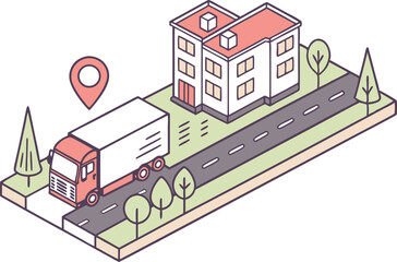 Delivery Truck Illustration Set Featuring Cargo Vehicles and Logistic Concepts in Clean Style. Hand Drawn Delivery Trucks in Motion with Boxes and Urban Background for Design Projects. Commercial Tran