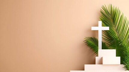 White cross, palm branch, beige background, Easter