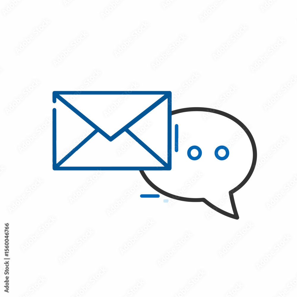 Fototapete Icon featuring a blue envelope overlapping a black outlined speech bubble with two dots inside on a white background