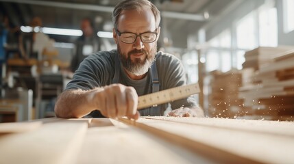 Woodworker carefully measuring wooden planks in a busy workshop during daylight hours