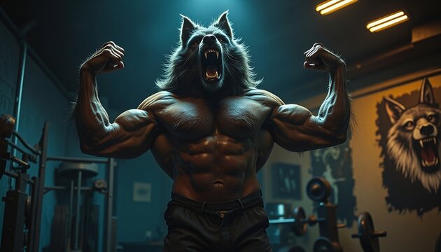 Powerful Werewolf Bodybuilder Flexing Muscles in Gym