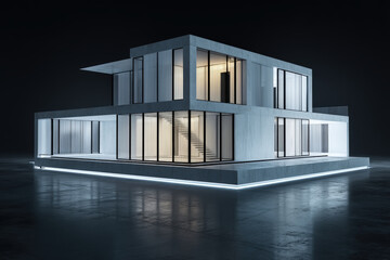 Transparent House 3D Rendering. A 3D rendering showcases a transparent house in perspective, set against a dark, reflective surface.