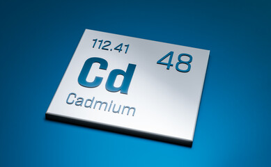 Cadmium, periodic table element. Science, chemical element, structure, atomic weight, atomic number. 3D illustration