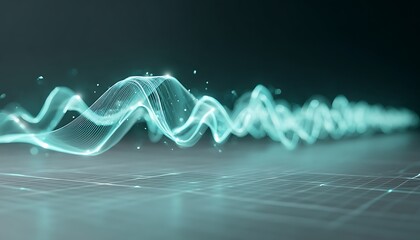 Abstract turquoise wave pattern with grid background and sparkling light effects in a dark environment