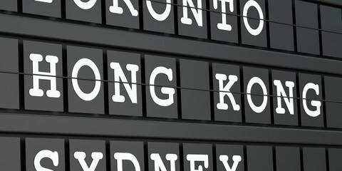 Hong Kong, China, travel destination, airport departure board. Tourism, booking, vacation, travel, holiday, journey. 3D illustration