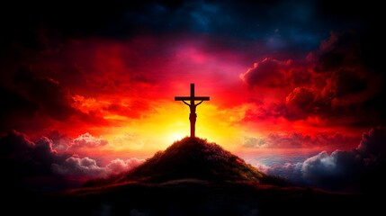 Fototapeta premium Crucifixion sunset hilltop dramatic sky faith