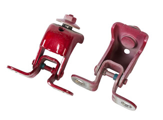 Pair of hinges for attaching the hood or trunk of the car on a white isolated background. Auto...