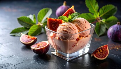 Delicious fig ice cream served in a glass bowl, garnished with fresh figs and mint leaves on a dark background
