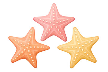 Three colorful cartoon starfish in pink orange and yellow isolated on transparent background