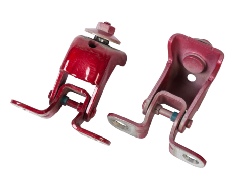 Pair of hinges for attaching the hood or trunk of the car on a white isolated background. Auto parts for catalog and repair of vehicles.