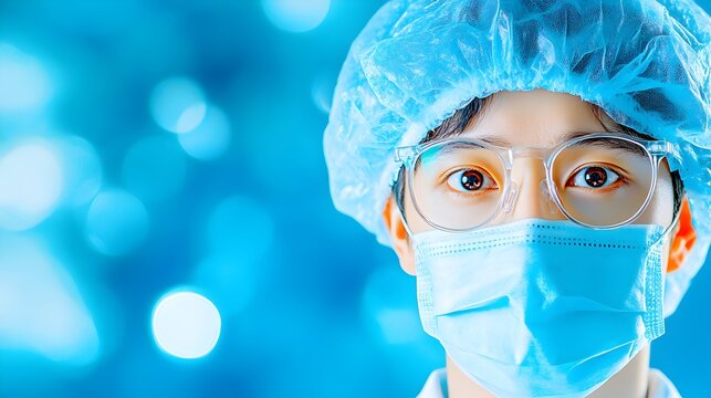Focused Doctor, Lab Coat, Mask, Blue Background, Healthcare - Powered by Adobe