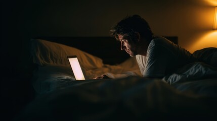 Insomnia risk. A man is using a laptop in bed, illuminated by its screen in a dimly lit room.