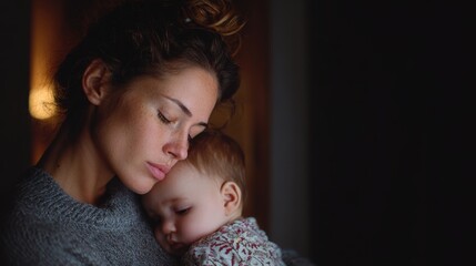 Insomnia risk. A serene moment between a mother and her baby in soft lighting.