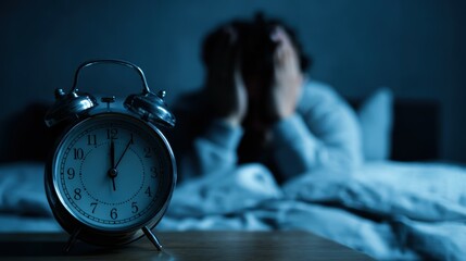 Insomnia risk. Person in bed struggles with insomnia while an alarm clock ticks nearby.