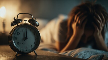 Insomnia risk. A person struggles with stress while an alarm clock ticks in the foreground.