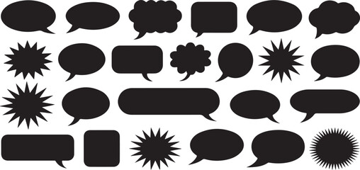 Black Speech Bubbles and Starbursts on White Background