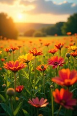 Golden Hour Wildflowers Vibrant Summer Meadow in Gentle Breeze, Perfect for Peaceful Nature Scenes, Calendars, Websites, and Print